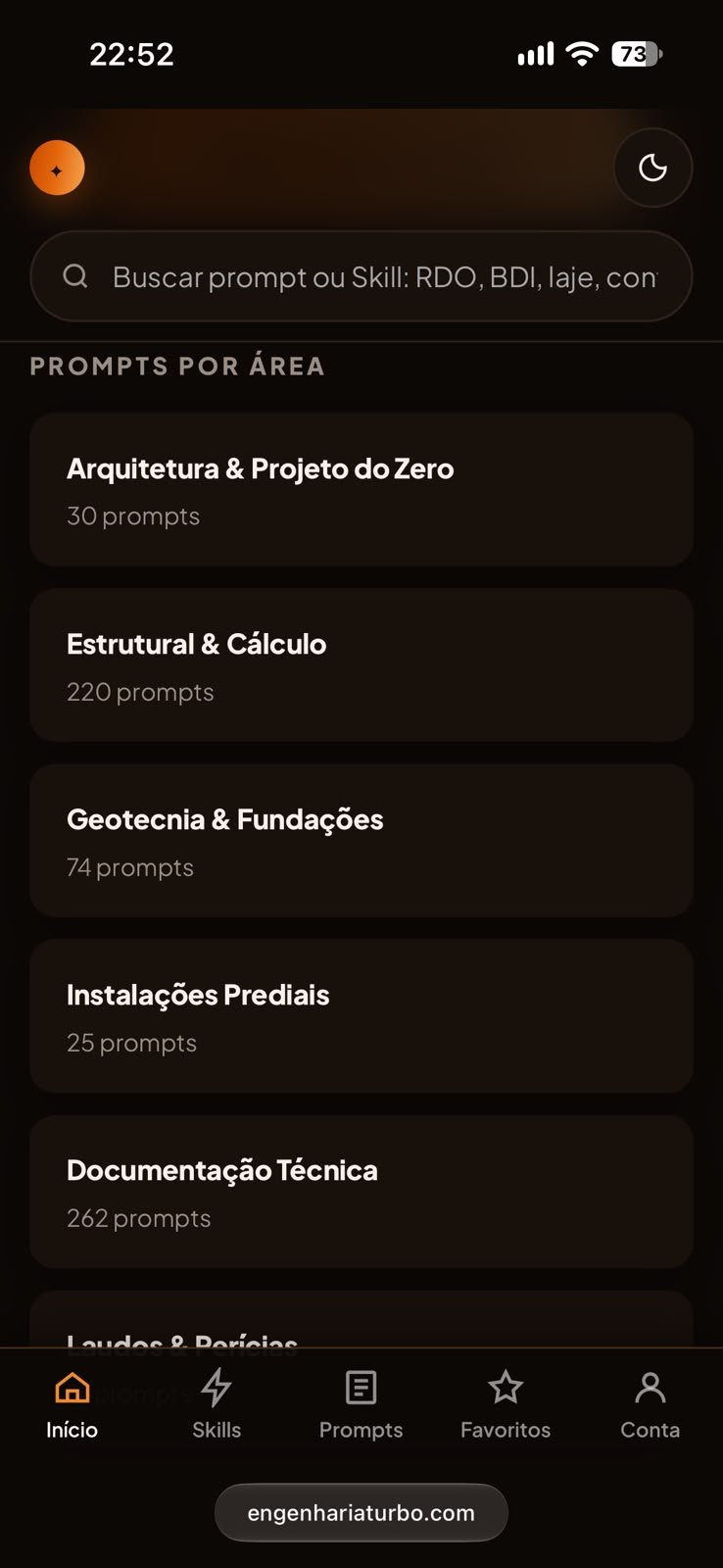 Tela inicial do app com prompts organizados por área