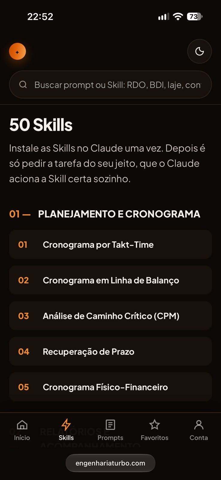 Tela das 50 Skills no app